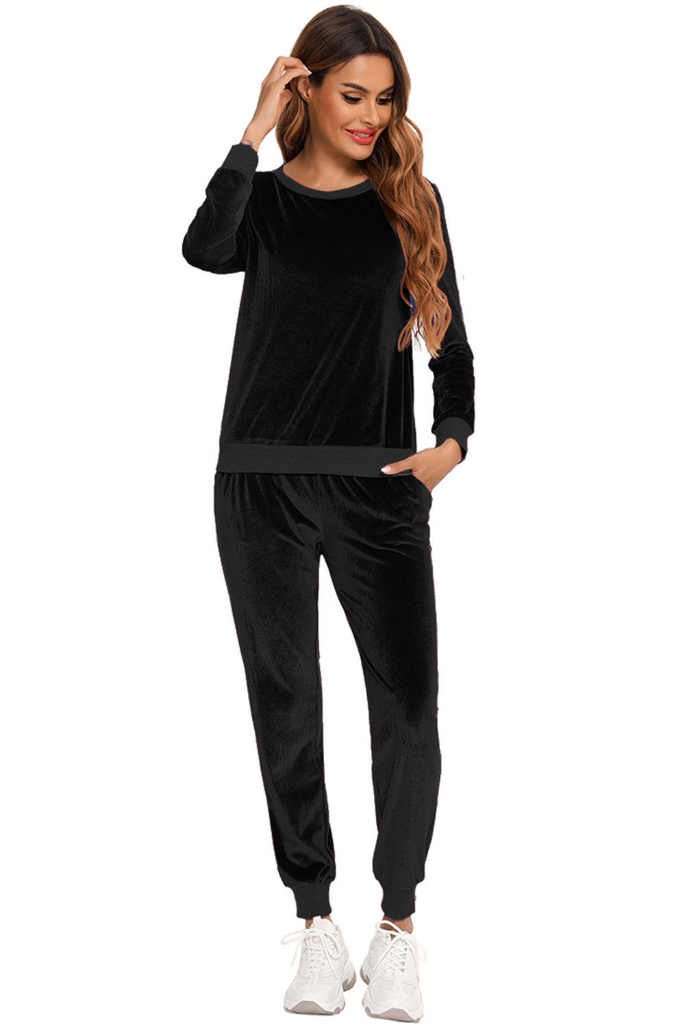 Round Neck Long Sleeve Loungewear Set with Pockets in Charcoal for Women