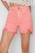 High Rise Distressed Denim Shorts in Flamingo for Women