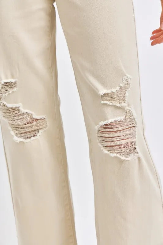 Plus Size High Waist Distressed Wide Leg Jeans in Bone for Women