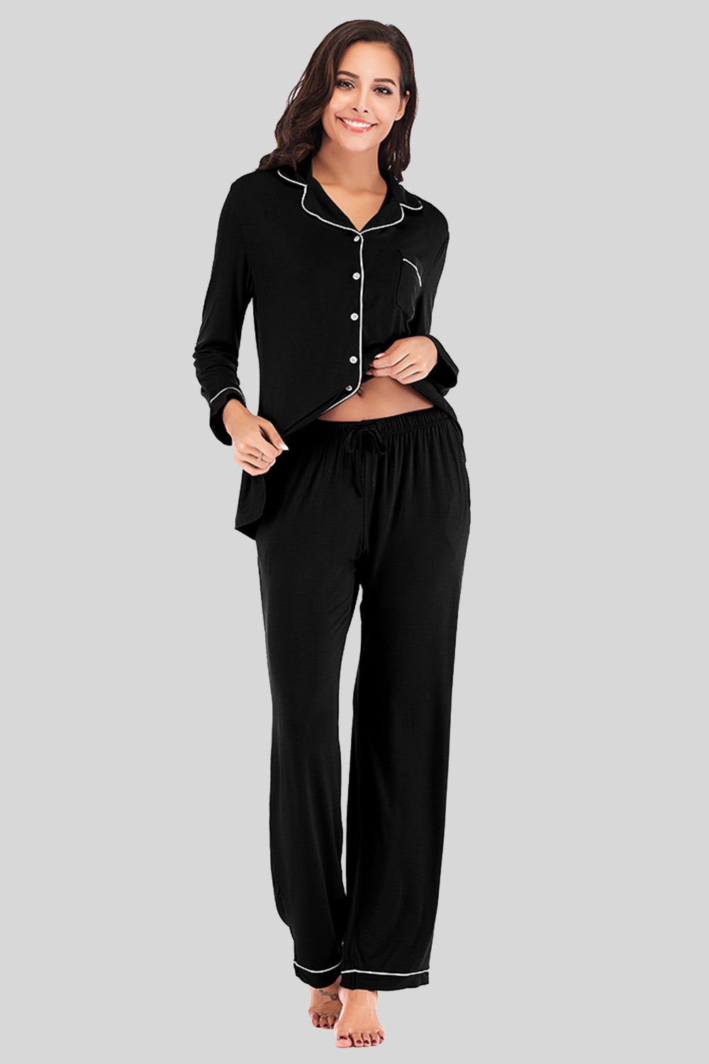 Collared Neck Long Sleeve Loungewear Set with Pockets in Violet for Women