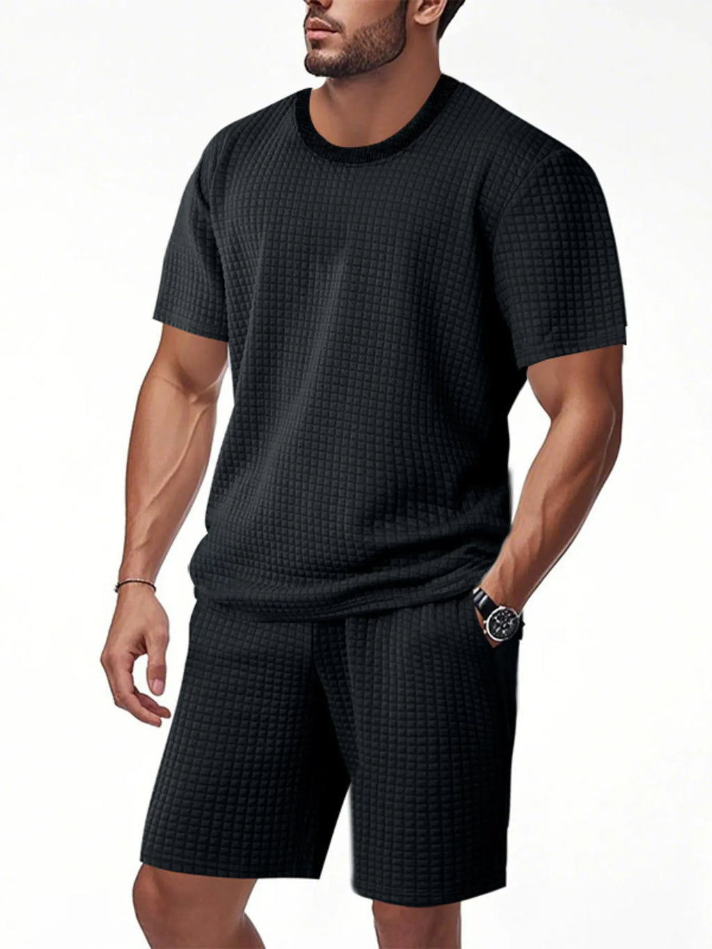 Textured Round Neck Top and Shorts Set Plus Size in Black for Men