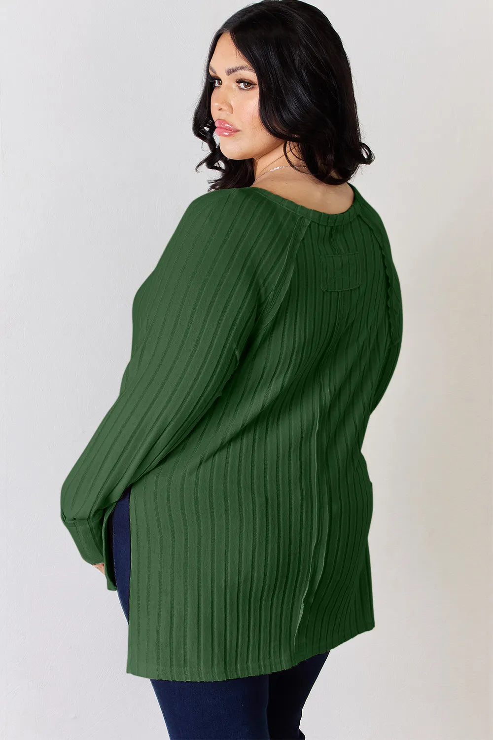 Plus Size Ribbed Round Neck Slit T-Shirt in Deep Red for Women