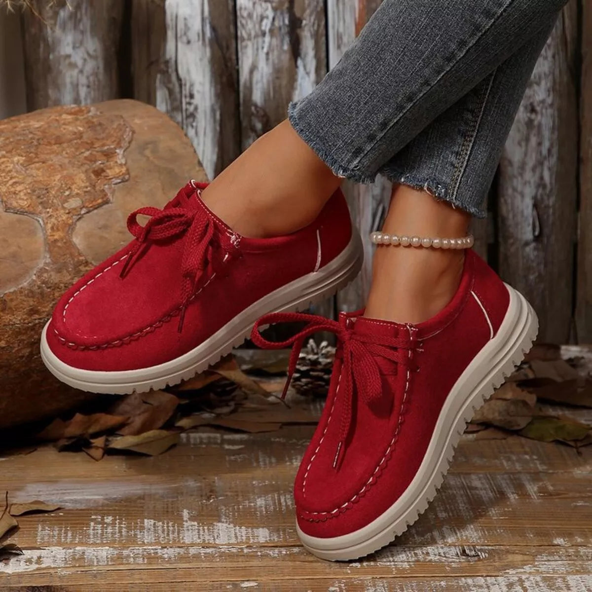 Lace Up Round Toe Loafers in Apricot for Women