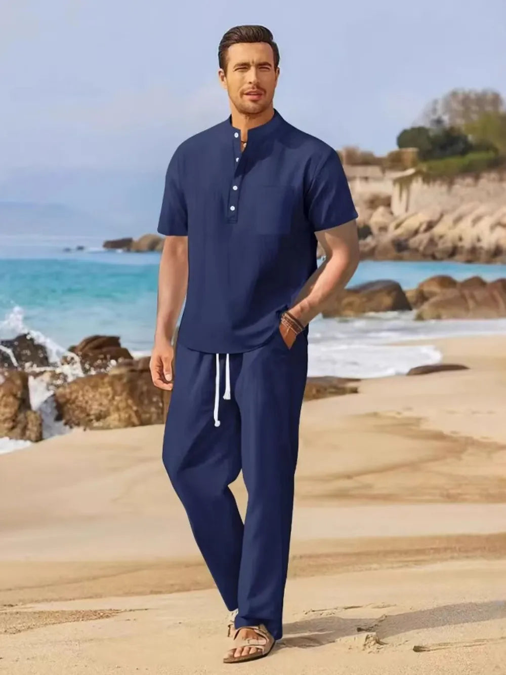 Half Button Top and Drawstring Pants Set Plus Size in Black for Men
