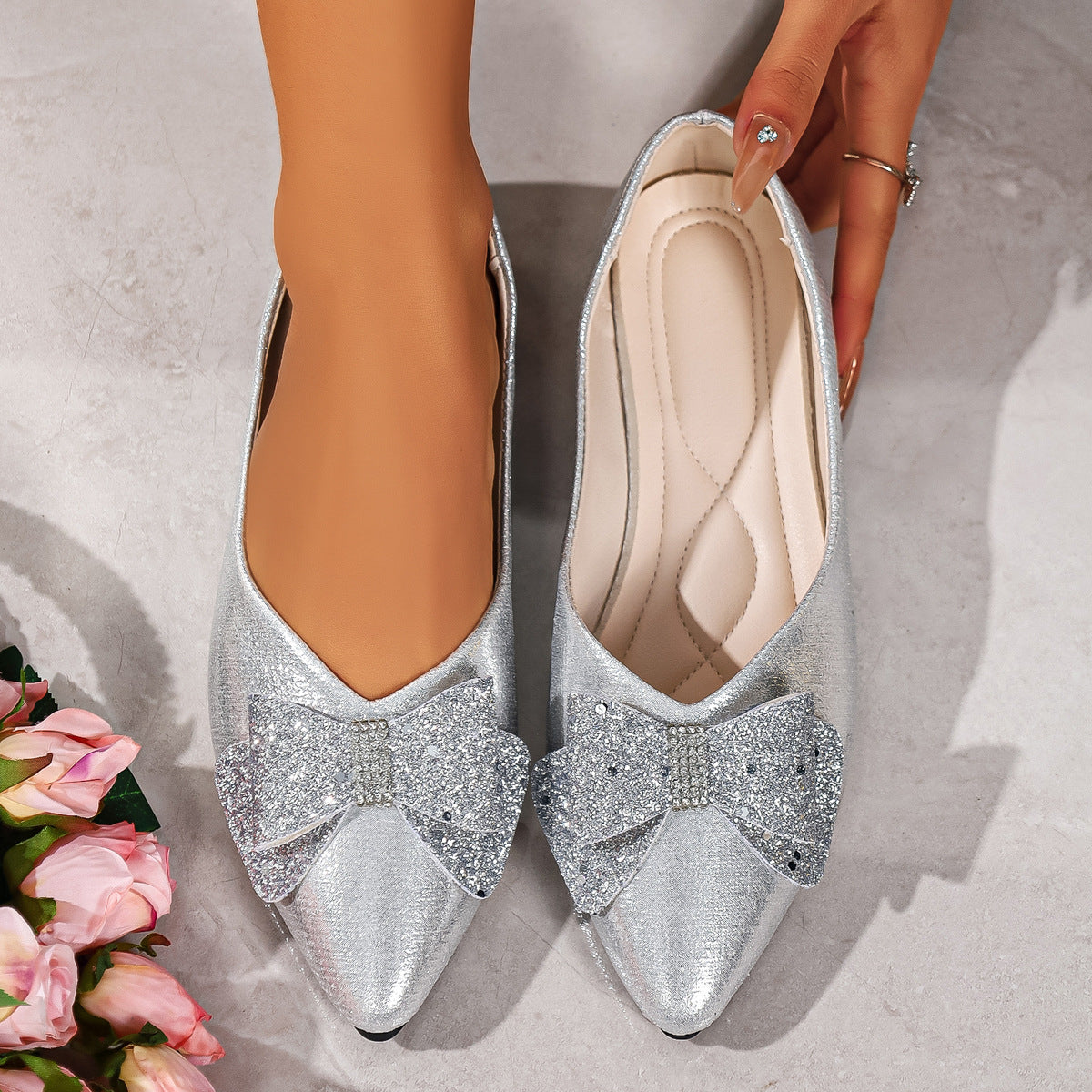 Bow Point Toe Slip-Ons in Gold for Women