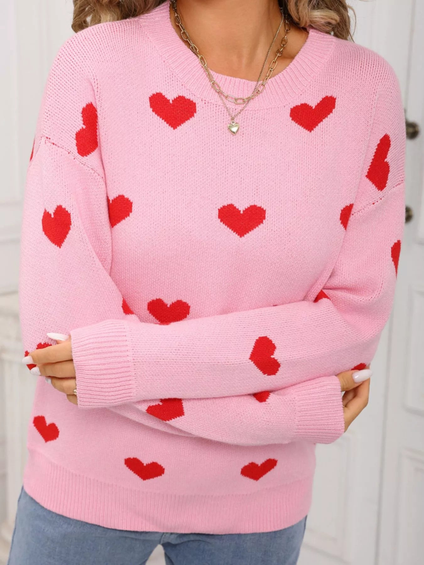 Valentines Day Heart Pattern Dropped Shoulder Sweater in Rose Red for Women
