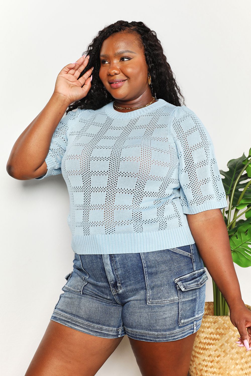 Ribbed Trim Round Neck Knit Top in Dusty Pink for Women