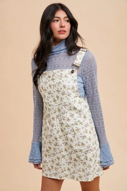Stretch Ditsy Print Denim Overall Mini Dress in Ivory for Women