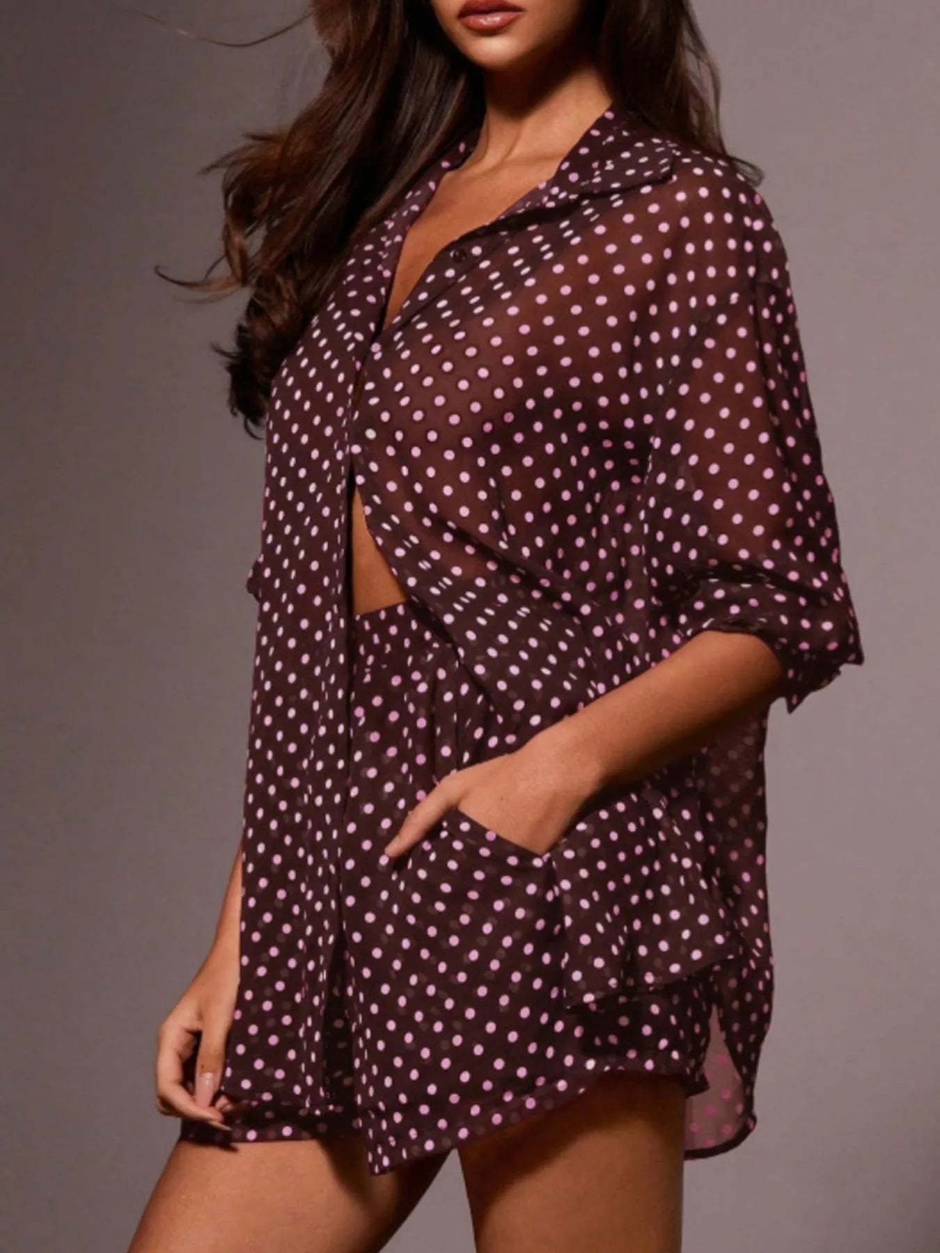 Polka Dot Button Up Shirt and Shorts Set in Burgundy for Women