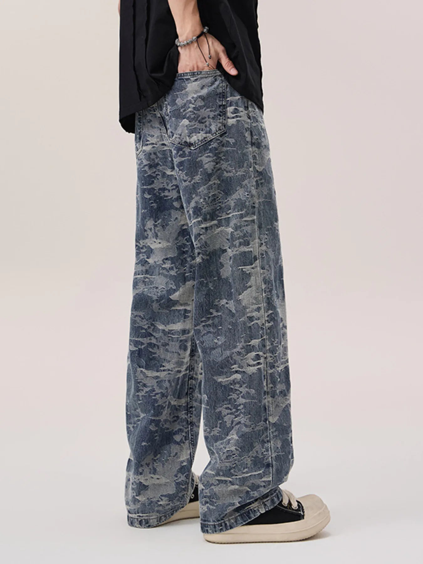 Wash Wide Leg Jeans in Blue Jacquard for Men