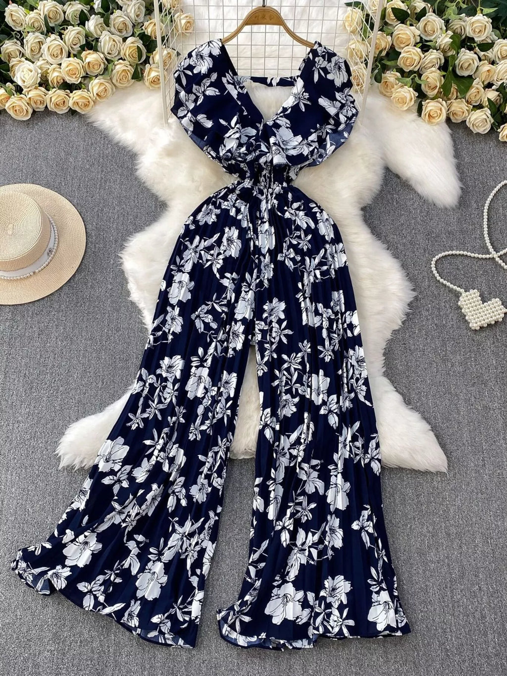 Black Floral Print Wide Leg Pleated Jumpsuit for Women
