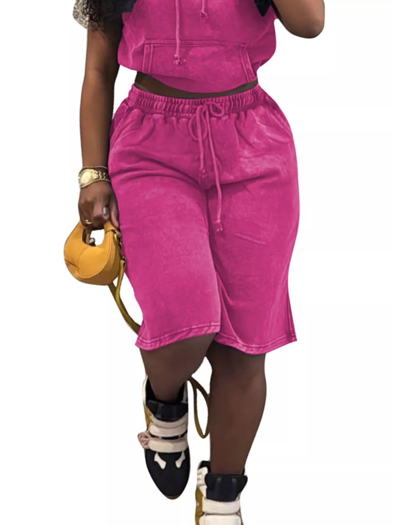 Hooded Crop Top and Shorts Set in Rose Red for Women