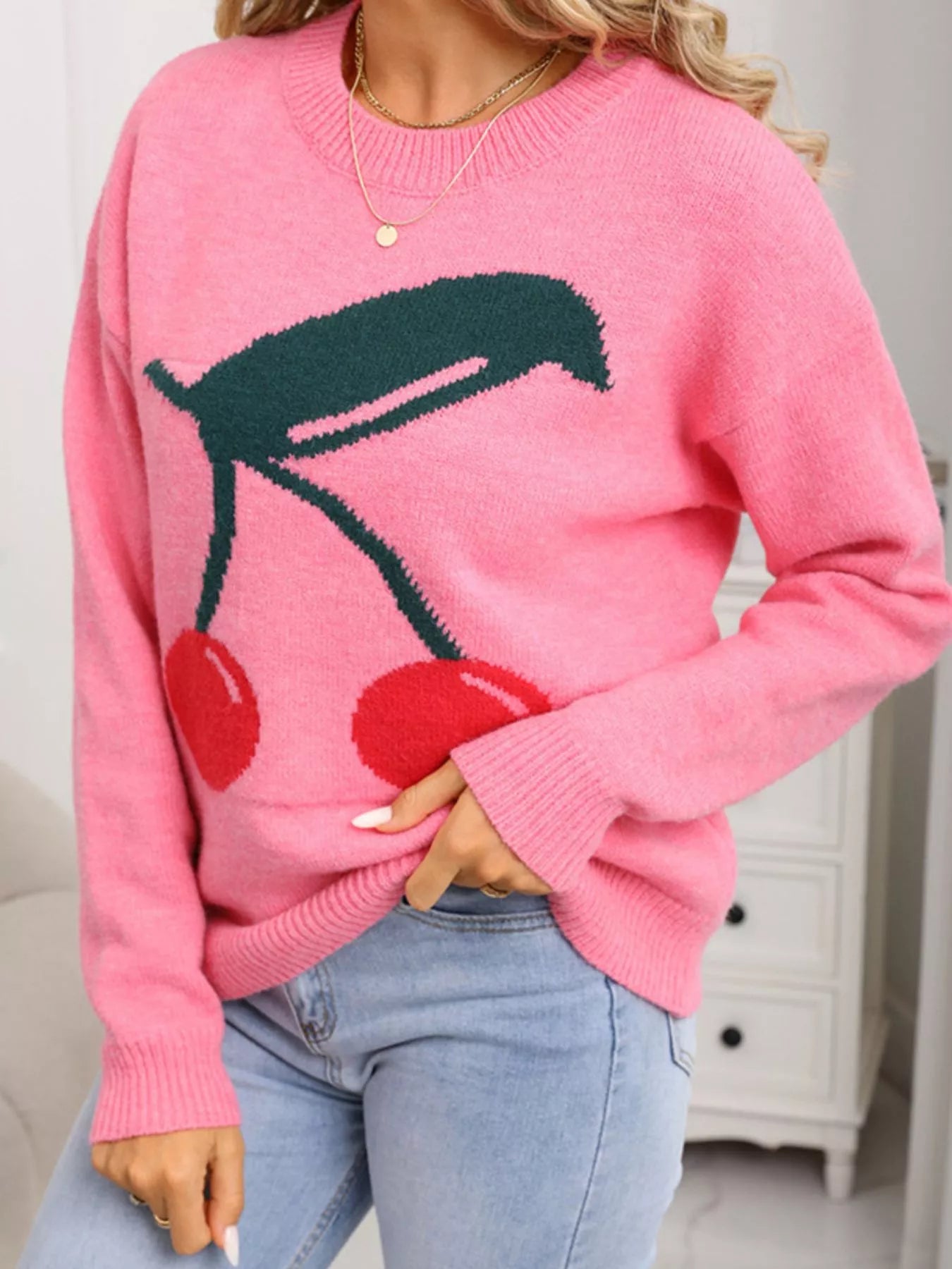 Cherry Round Neck Sweater in Pink for Women