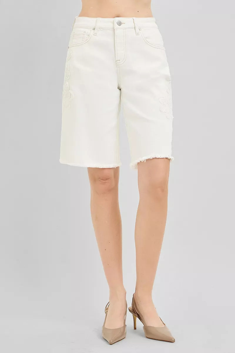Slouchy Relaxed Floral Embroidered Bermuda Denim Shorts for Women