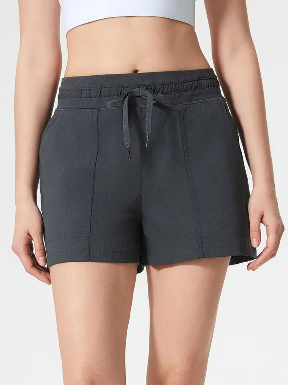 Drawstring Active Shorts with Pockets in Dark Green for Women