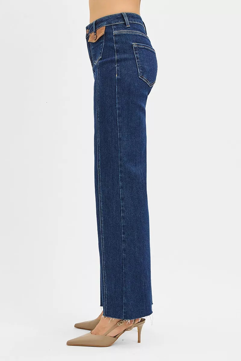 High Rise Wide Flare Jeans with Front Leather Pocket Detail in Dark for Women