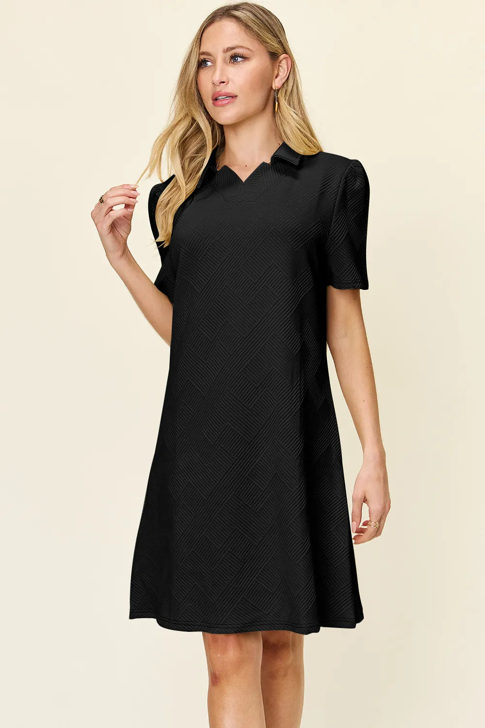 Plus Size Texture Collared Neck Short Sleeve Dress in Cream for Women