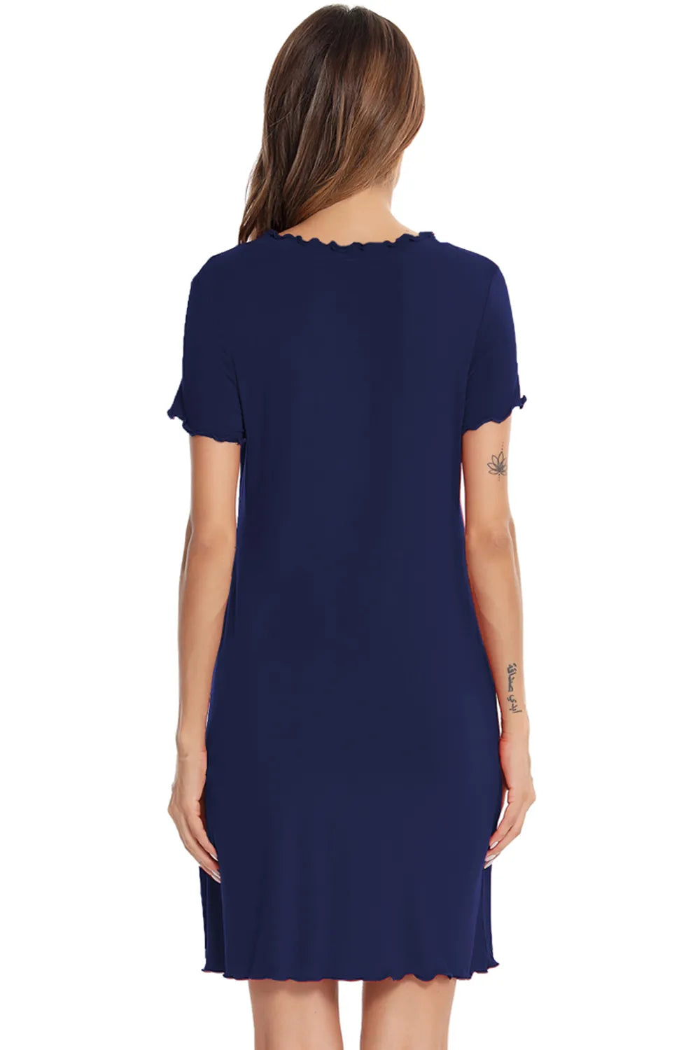 Round Neck Short Sleeve Lounge Dress in Dark Blue for Women