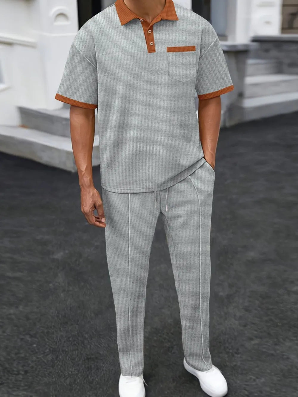 Waffle-Knit Contrast Polo and Pants Set Plus Size in Beige for Men