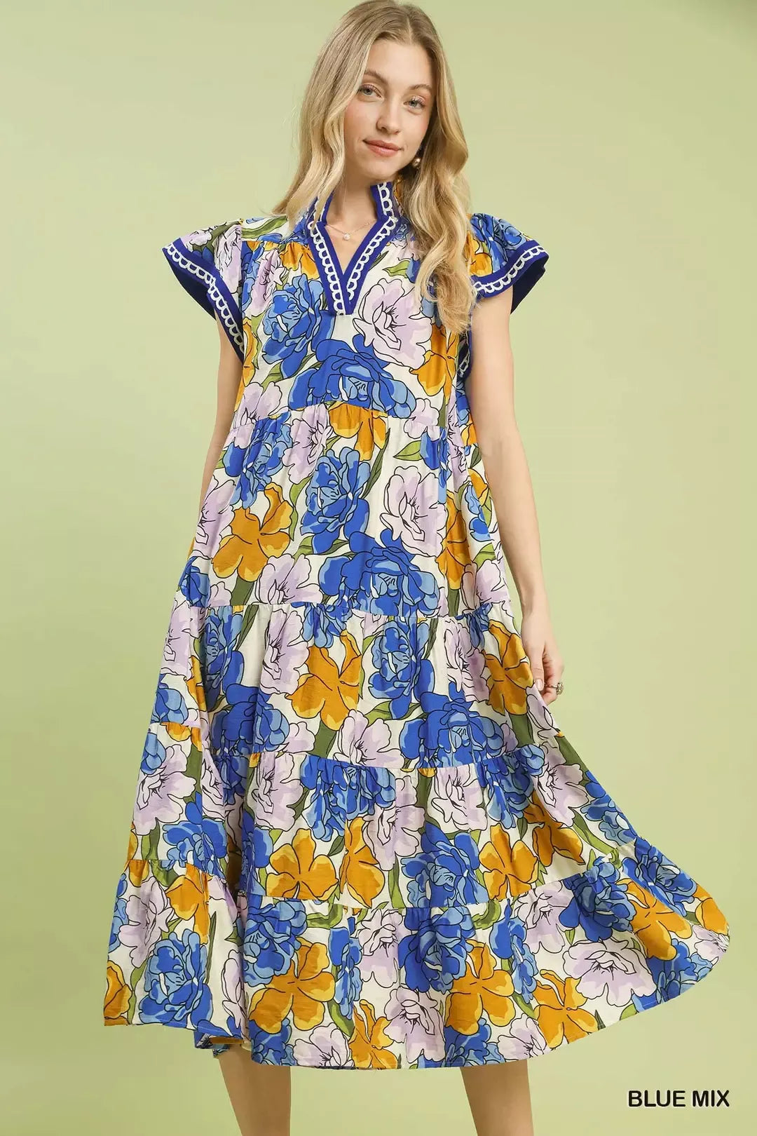 Mix Bold Floral Tiered Midi Dress in Blue Mix for Women