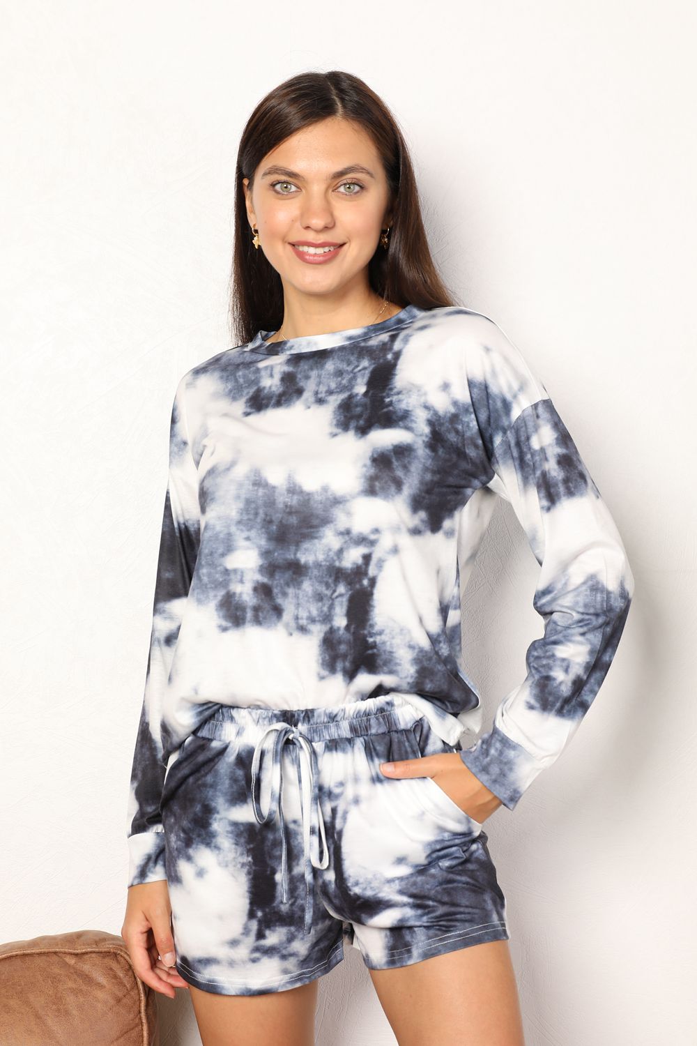 Shiny Tie-Dye Round Neck Top and Shorts Lounge Set in Dark Gray for Women