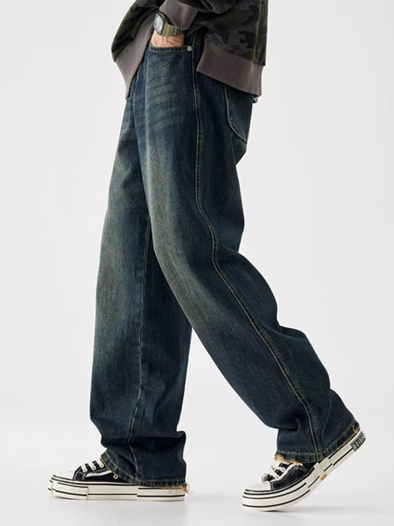 Vintage Wash Wide Leg Jeans in Deep Teal for Men