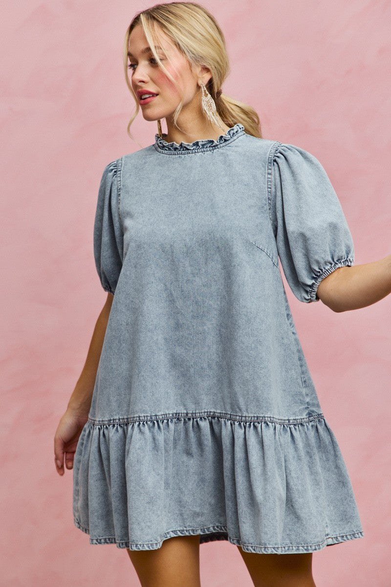 Denim Short Sleeves Mini Tiered Dress for Women