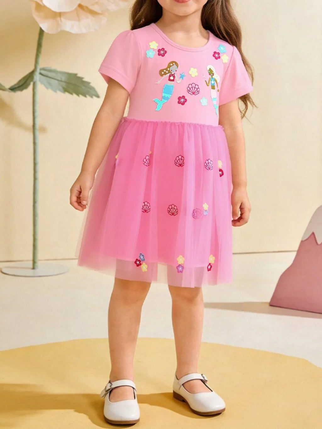 Embroidered Tulle Dress in Pink for Girls