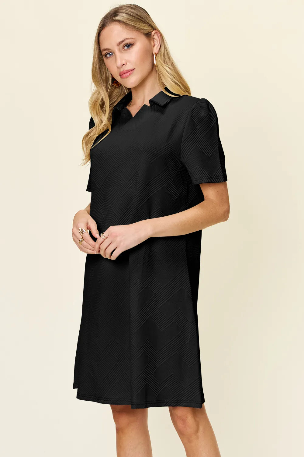 Plus Size Texture Collared Neck Short Sleeve Dress in Cream for Women