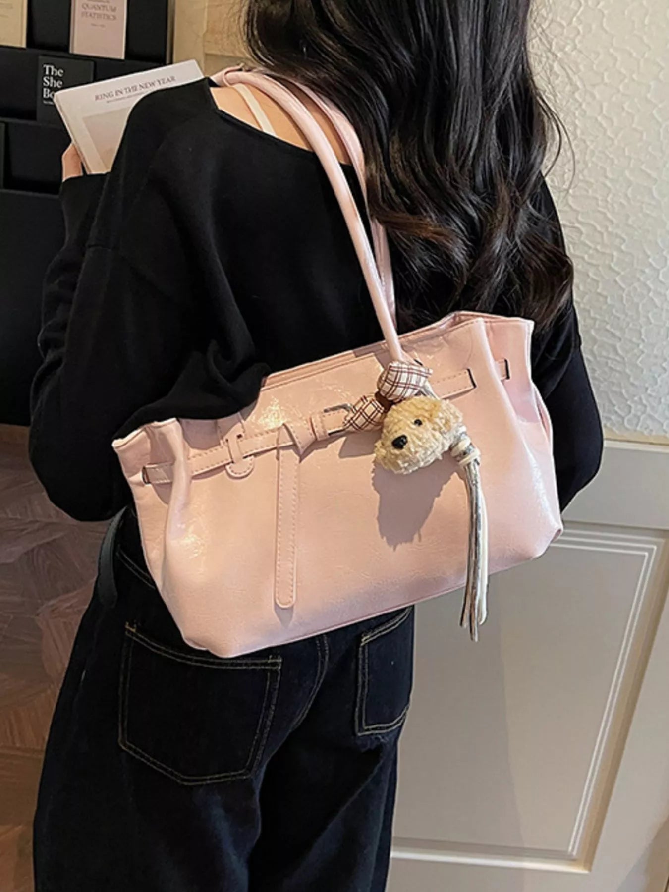 Leather Shoulder Bag with Dog Charm for Women
