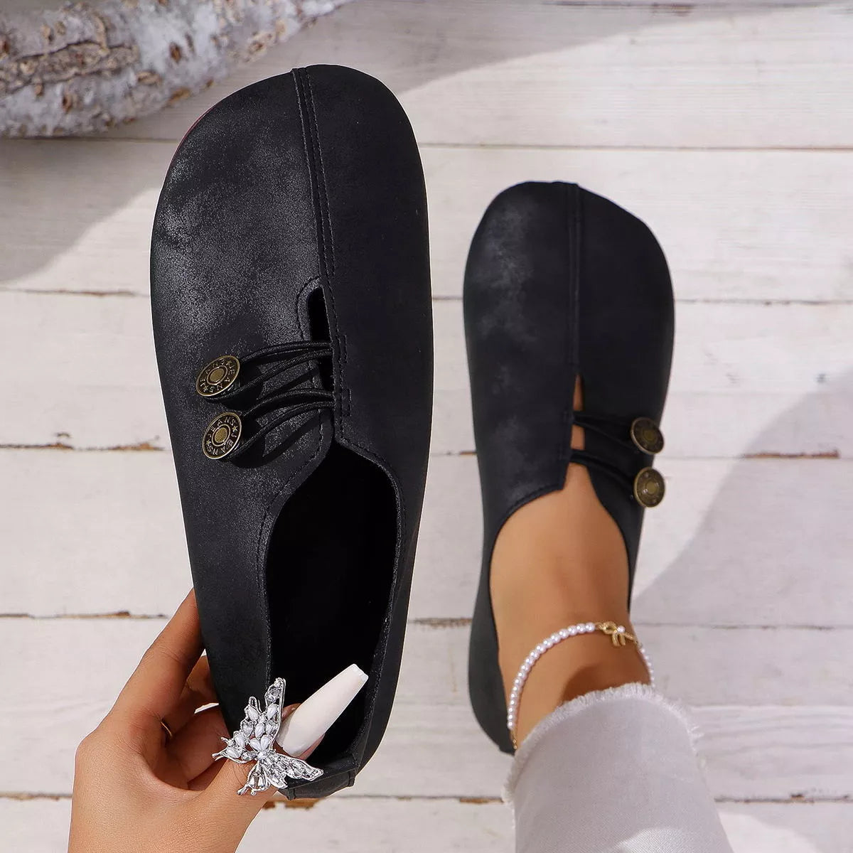 Round Toe Slip-Ons in Black for Women