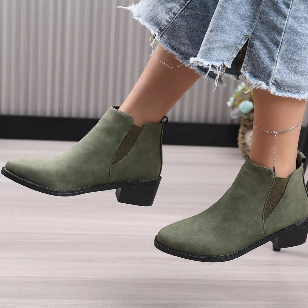 Point Toe Block Heels Ankle Boots in Black for Women