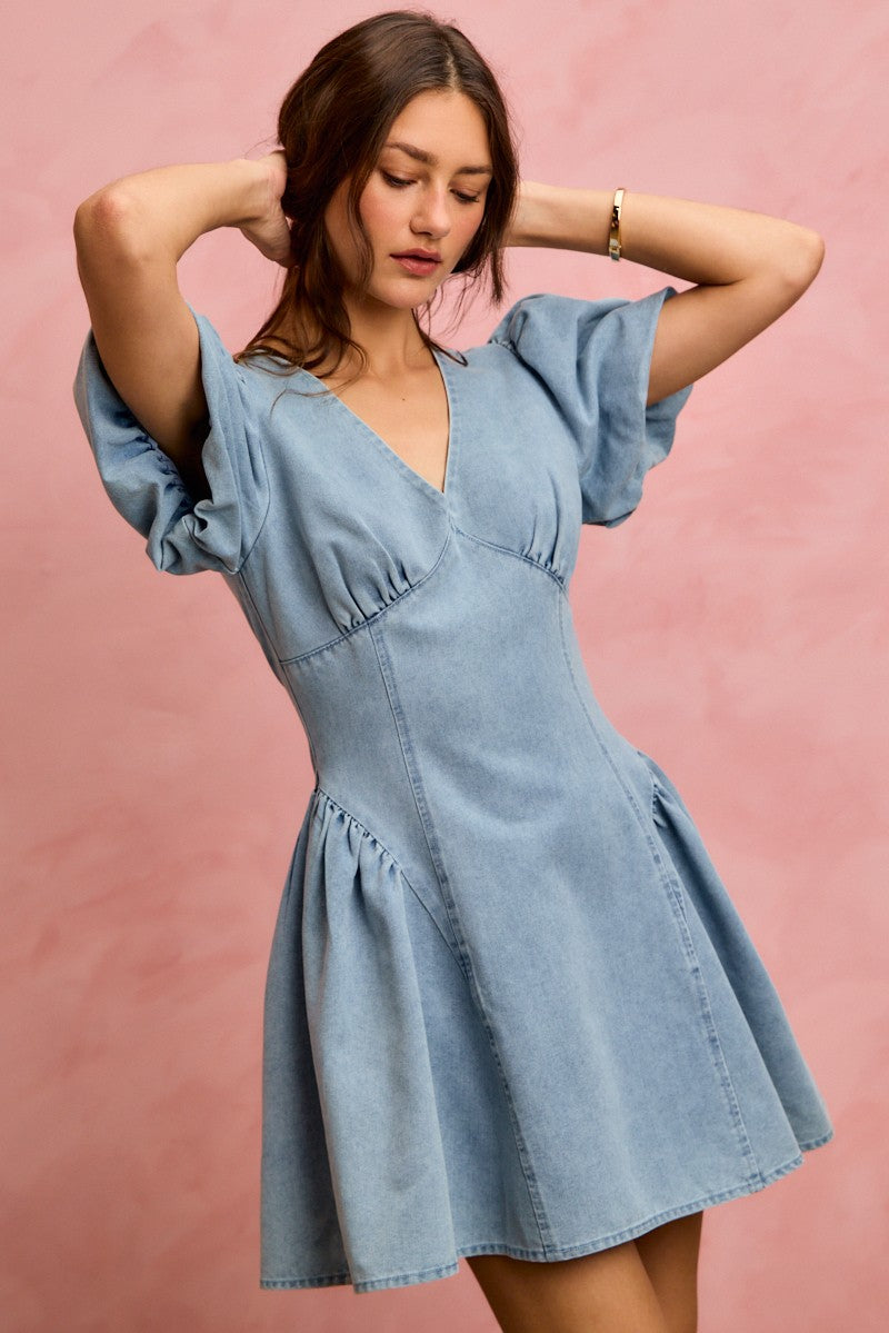 Bubble Sleeves Denim Fit and Flare Mini Dress in Light Denim for Women