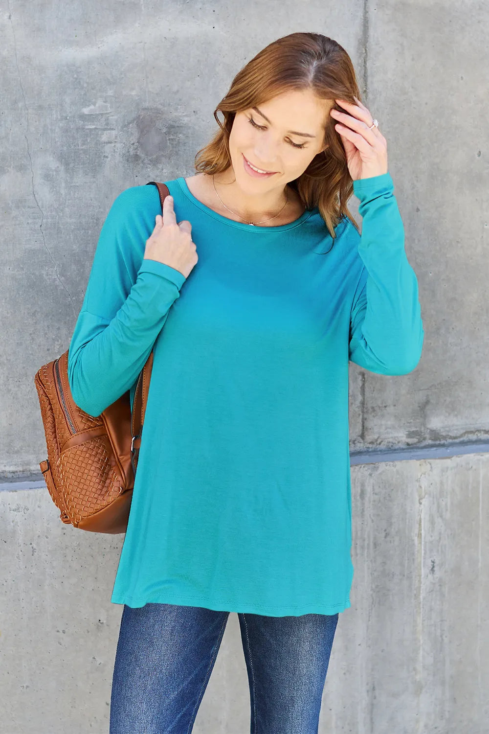 Plus Size Round Neck Dropped Shoulder T-Shirt in Sky Blue for Women