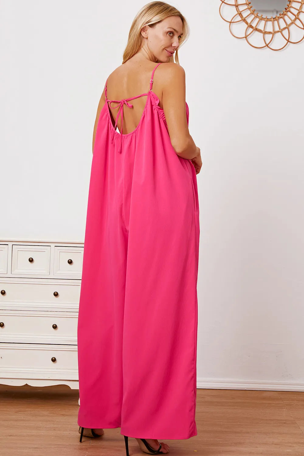 Plus Size Ruffle Trim Tie Back Cami Jumpsuit with Pockets in Hot Pink for Women