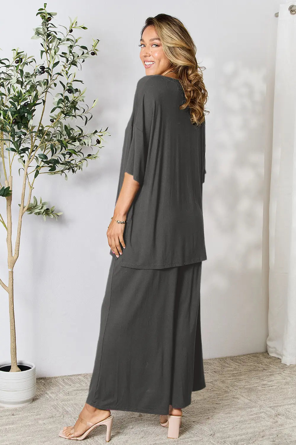 Plus Size Round Neck Slit Top and Pants Set in Dark Gray for Women