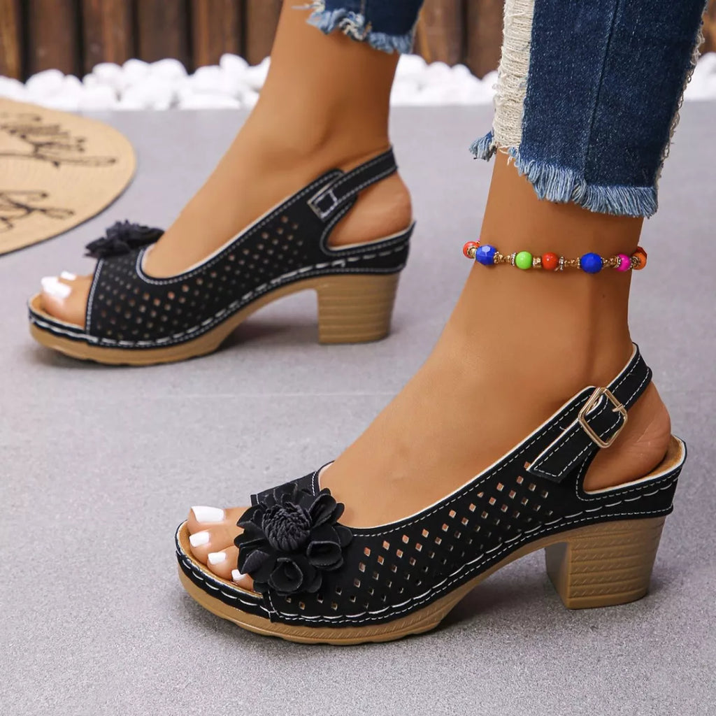 Floral Accent Block Heel Sandals in Brown for Women