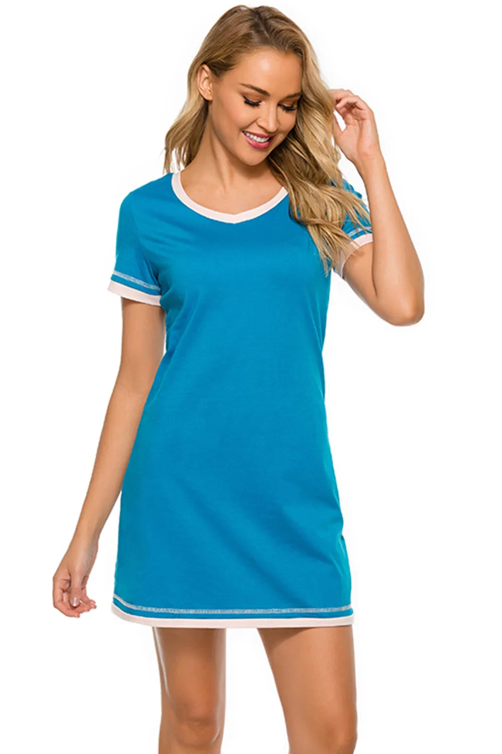 Contrast Trim Short Sleeve Lounge Dress in Deep Teal for Women