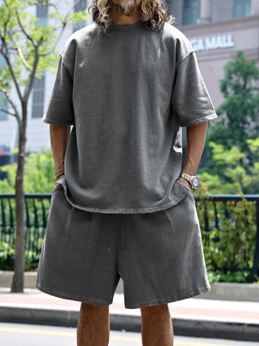 Round Neck Short Sleeve Top and Shorts Set Plus Size in Sky Blue in Black for Men