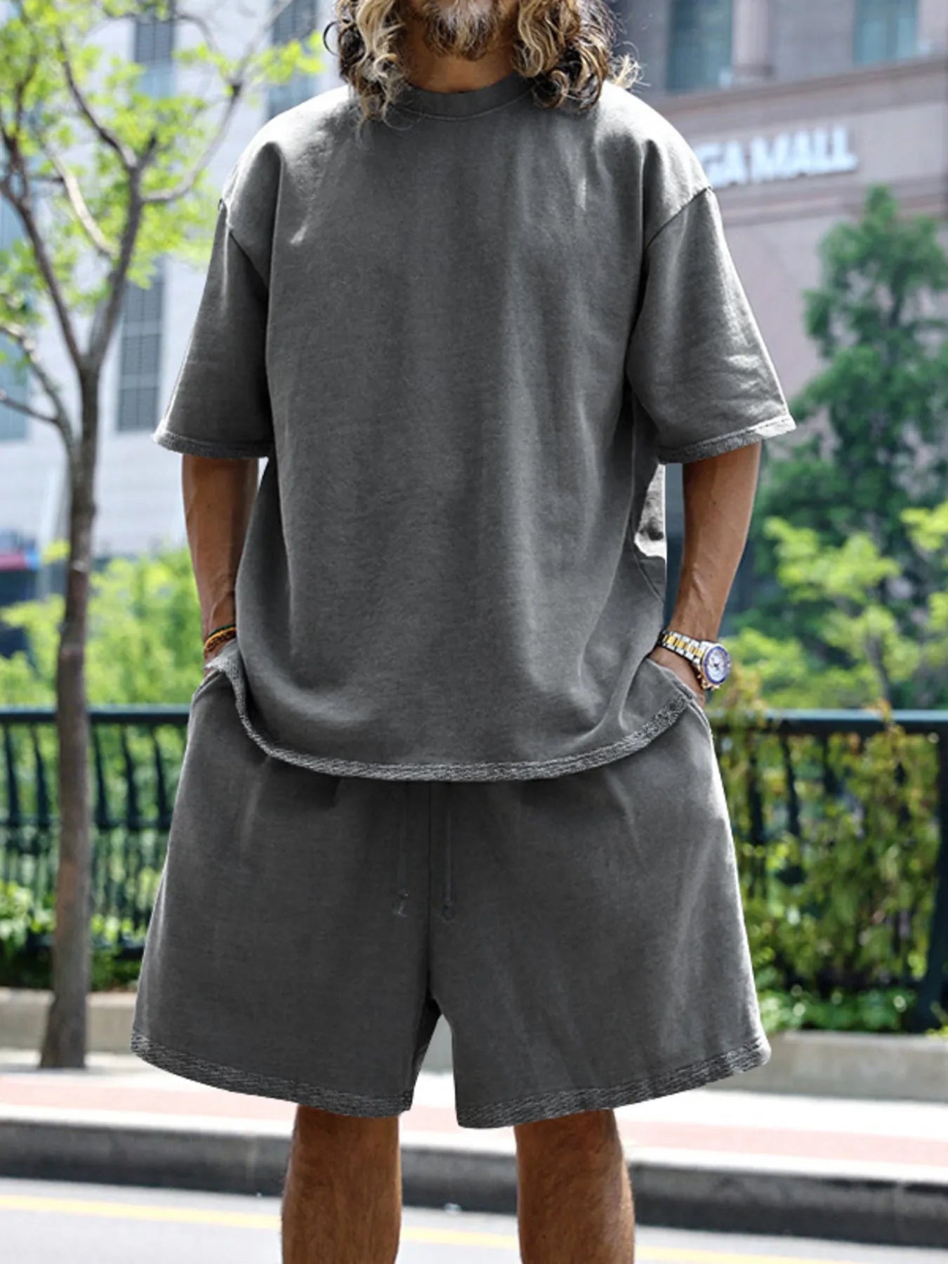 Round Neck Short Sleeve Top and Shorts Set Plus Size in Sky Blue in Black for Men