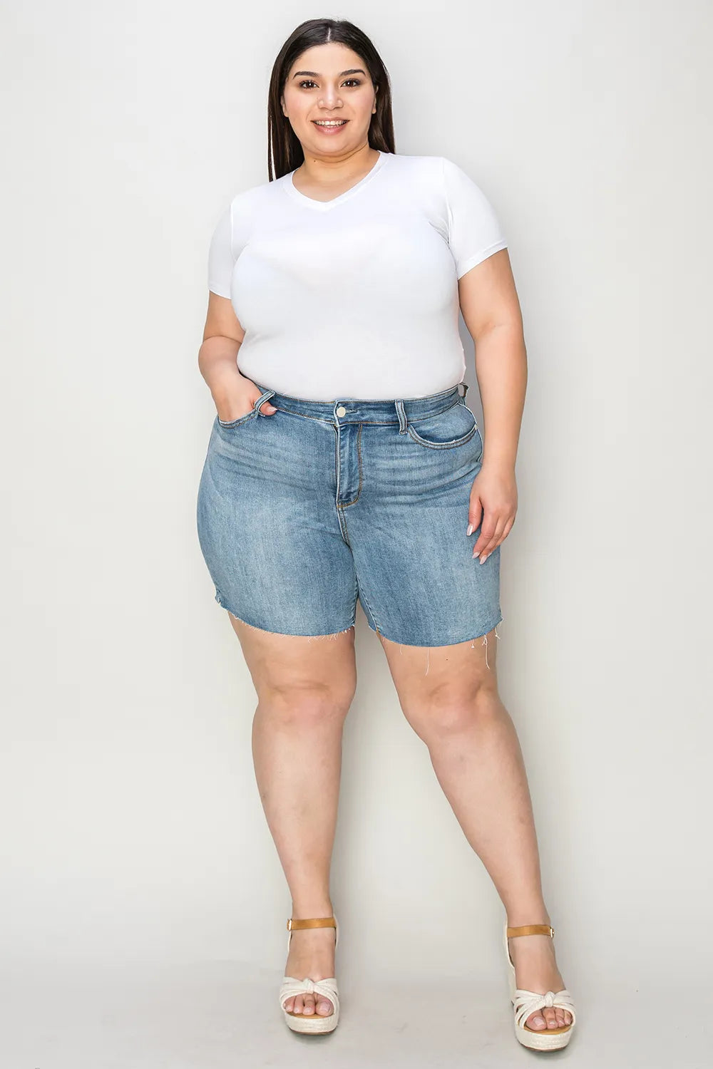 Plus Size High Waist Raw Hem Denim Shorts for Women