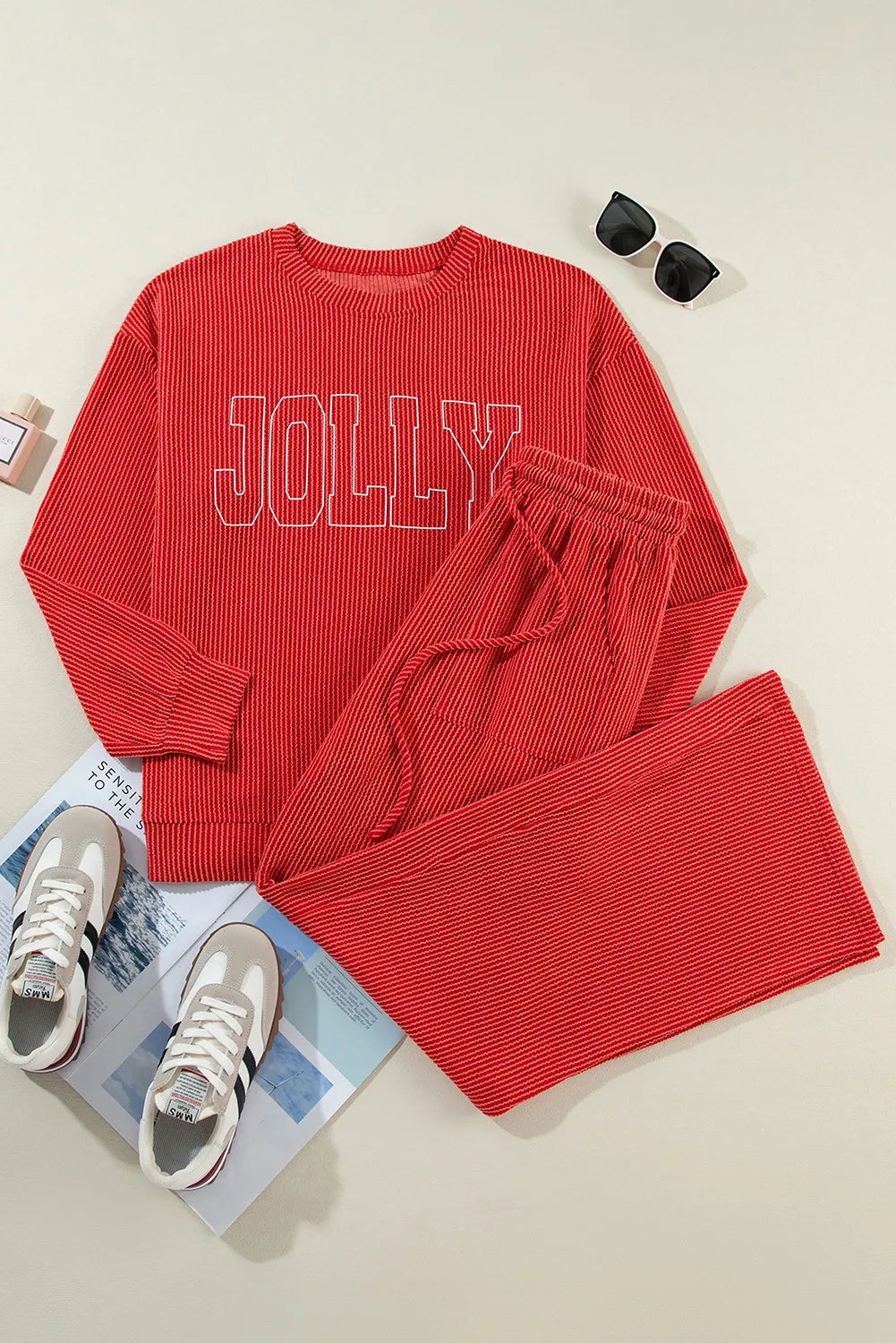 Jolly Round Neck Long Sleeve Top and Pants Lounge Set in Deep Red for Women