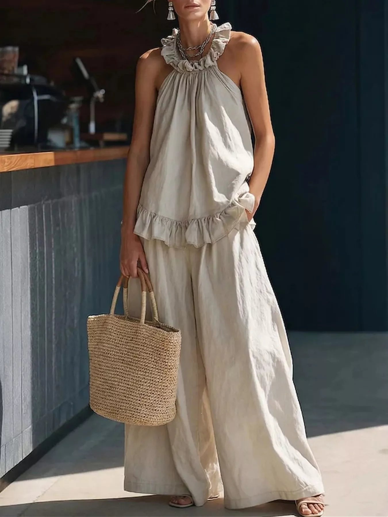 Plus Size Ruffled Halter Neck Top and Wide Leg Pants Set in Blue for Women