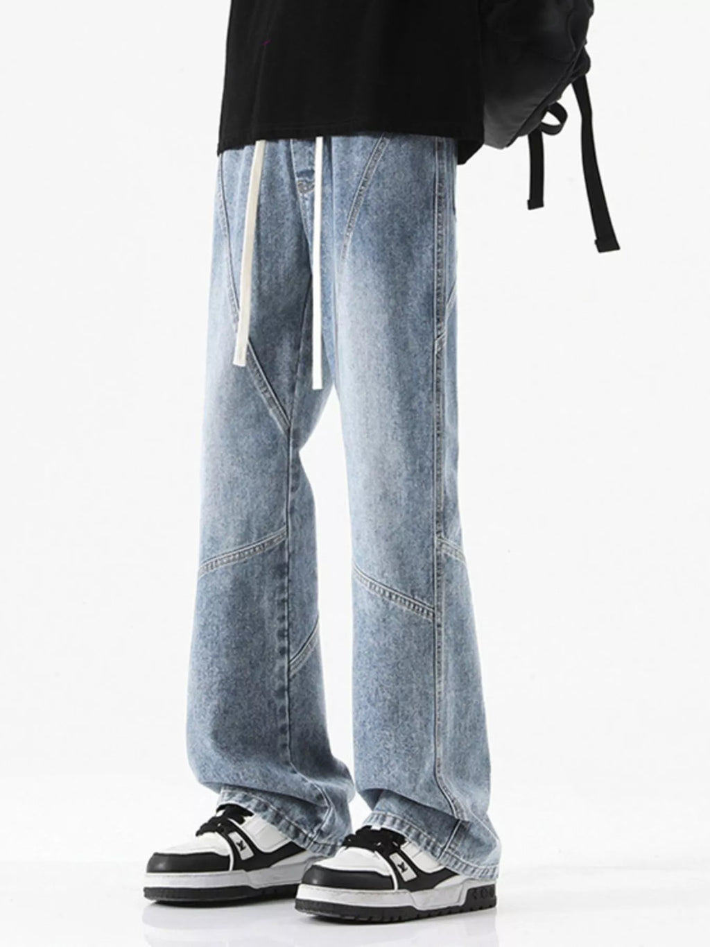 Drawstring Wide Leg Jeans Plus Size in Black in Vintage Blue for Men