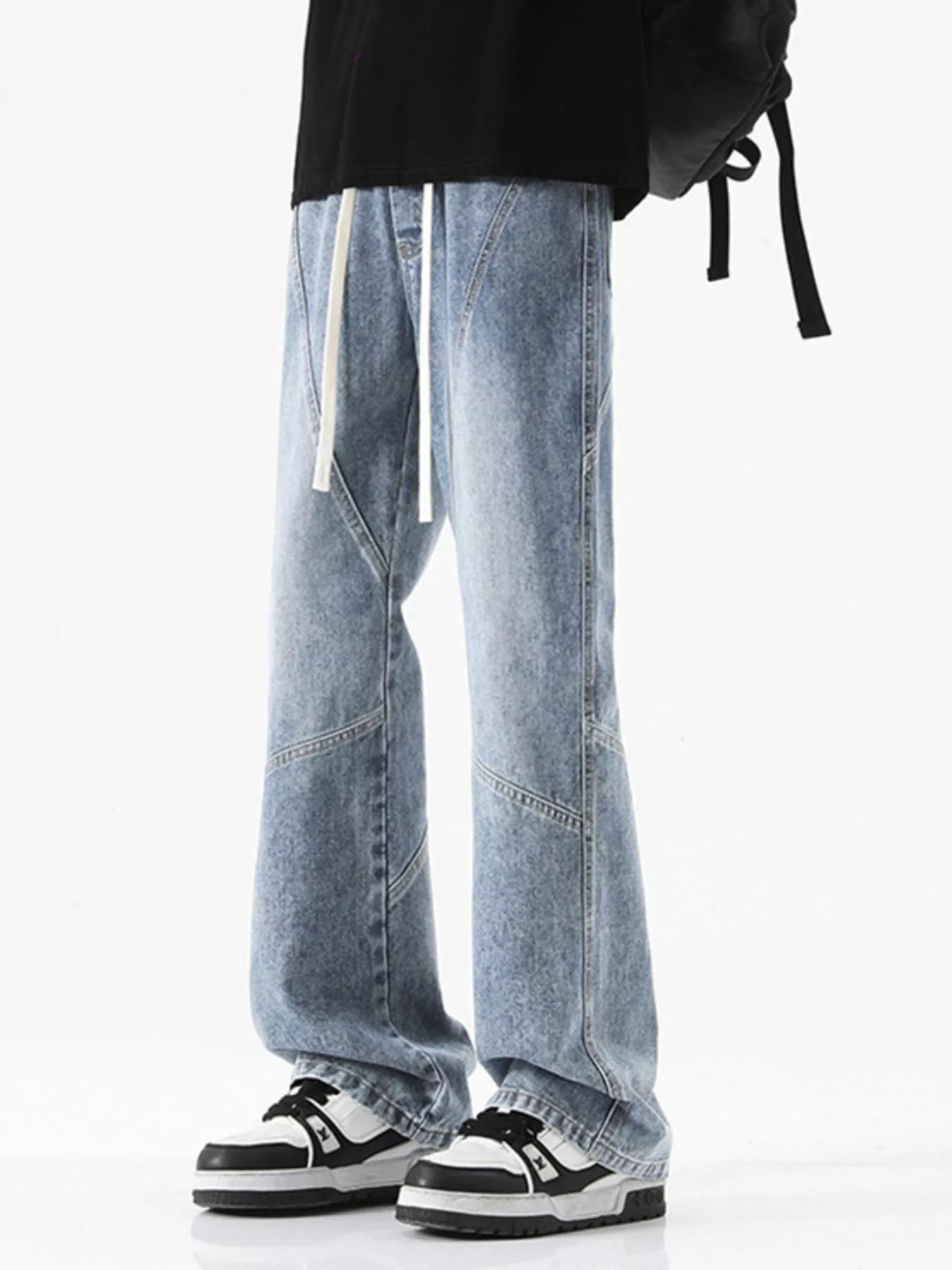 Drawstring Wide Leg Jeans Plus Size in Black in Vintage Blue for Men