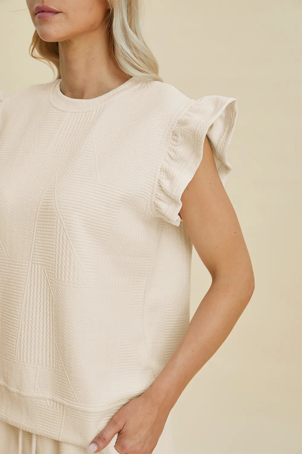 Plus Size Texture Round Neck Ruffle Sleeve Top and Shorts Set in Cream for Women