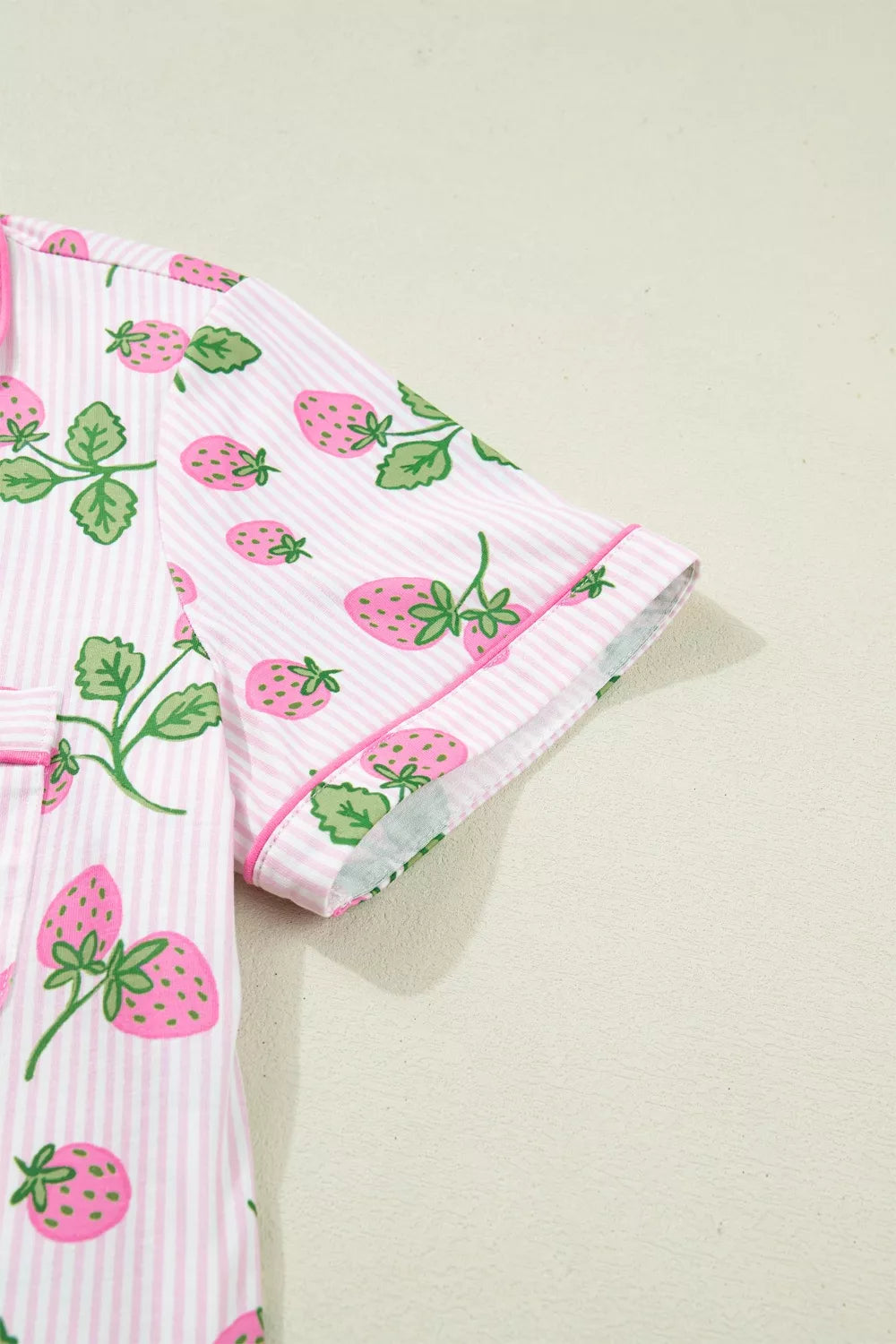 Striped Strawberry Print Lapel Shirt Drawstring Shorts Two-Piece Pajama Set for Women