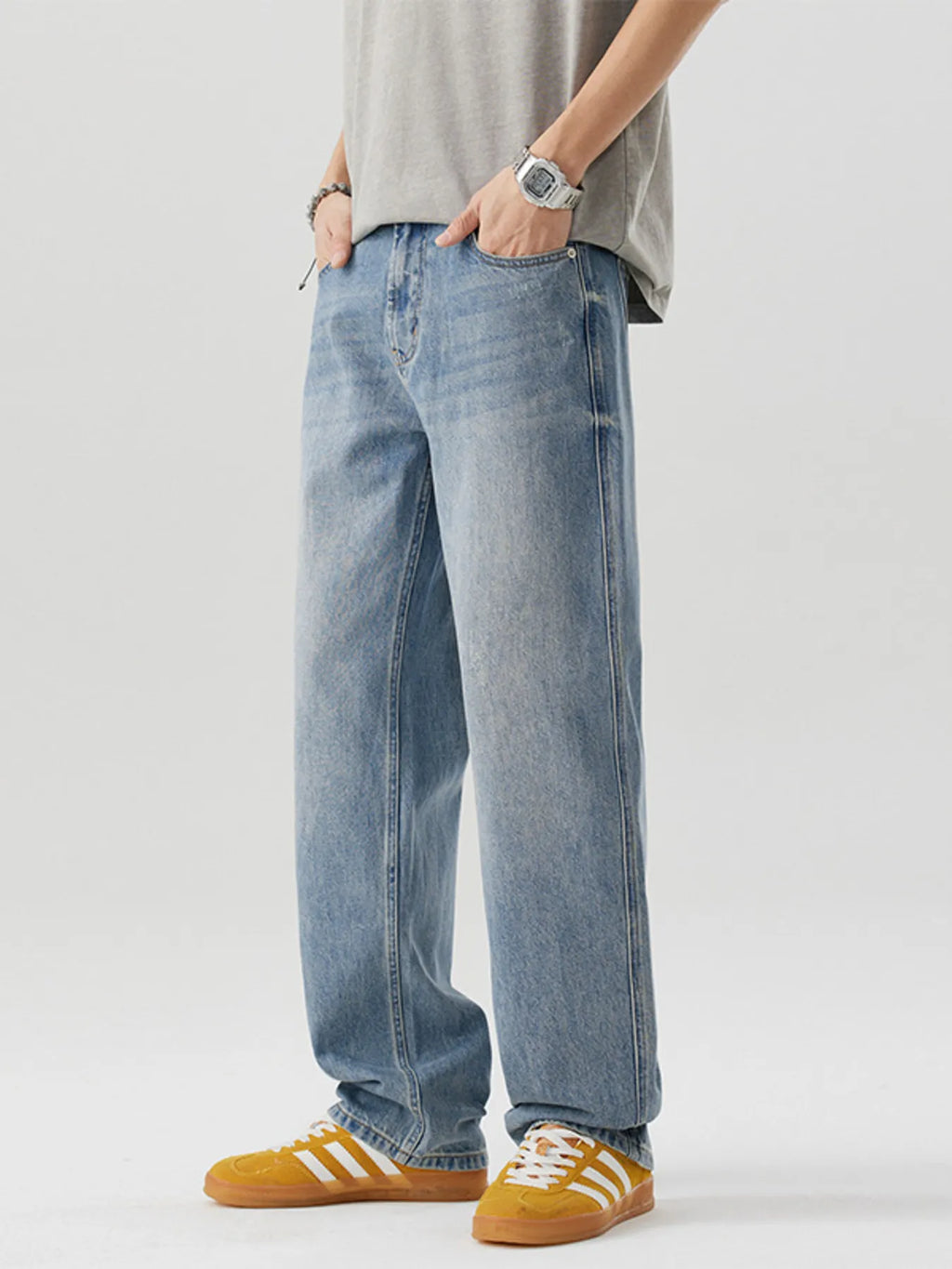 Casual Loose Fit Wash Jeans in Light Blue for Men
