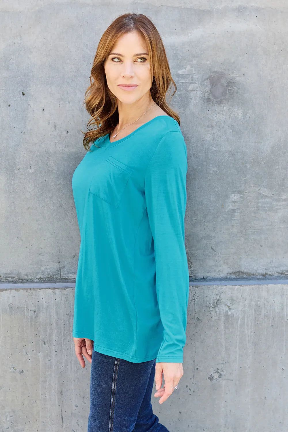 Plus Size V-Neck Long Sleeve Top in Cerulean for Women