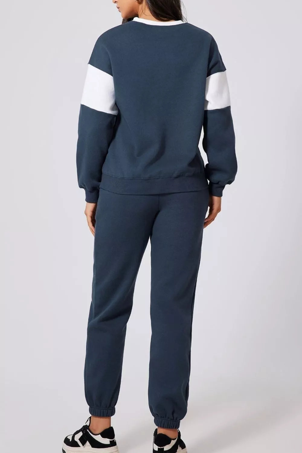 Drop Shoulder Loose Sweatshirt and Joggers Active Set in Navy for Women